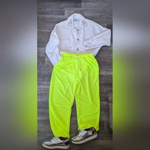 Zara White jean jacket, neon sweatpants, silver shoes & earrings